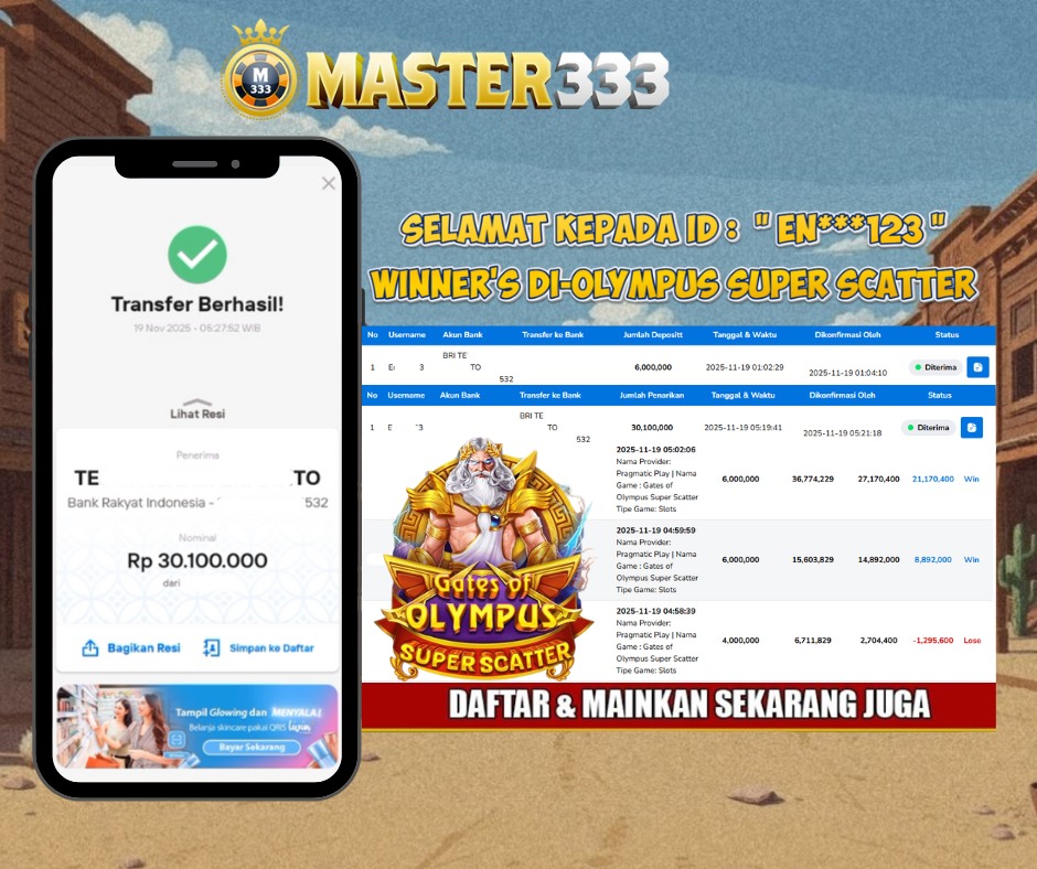 MASTER333 JACKPOT SLOT Gates Of Olympus Super Scatter  Rp.30,100,000.,- LUNAS